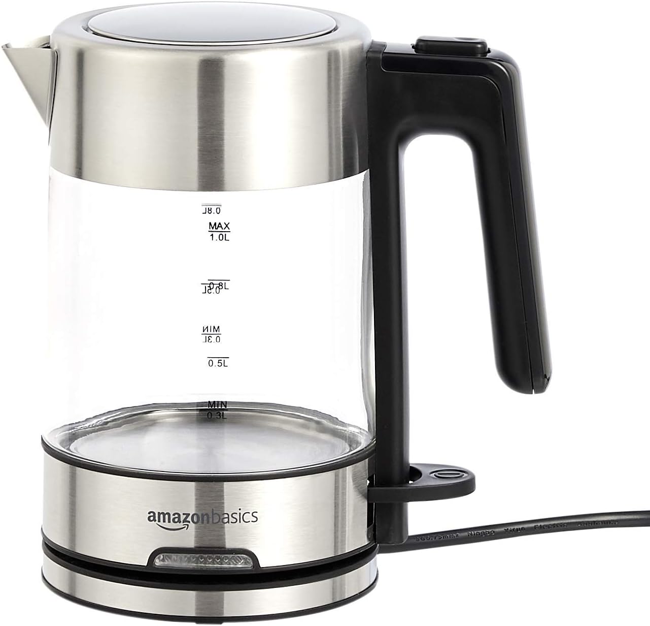 Amazon Basics Electric Glass and Steel Hot Tea Water Kettle, 1.7-Liter, Black and Sliver