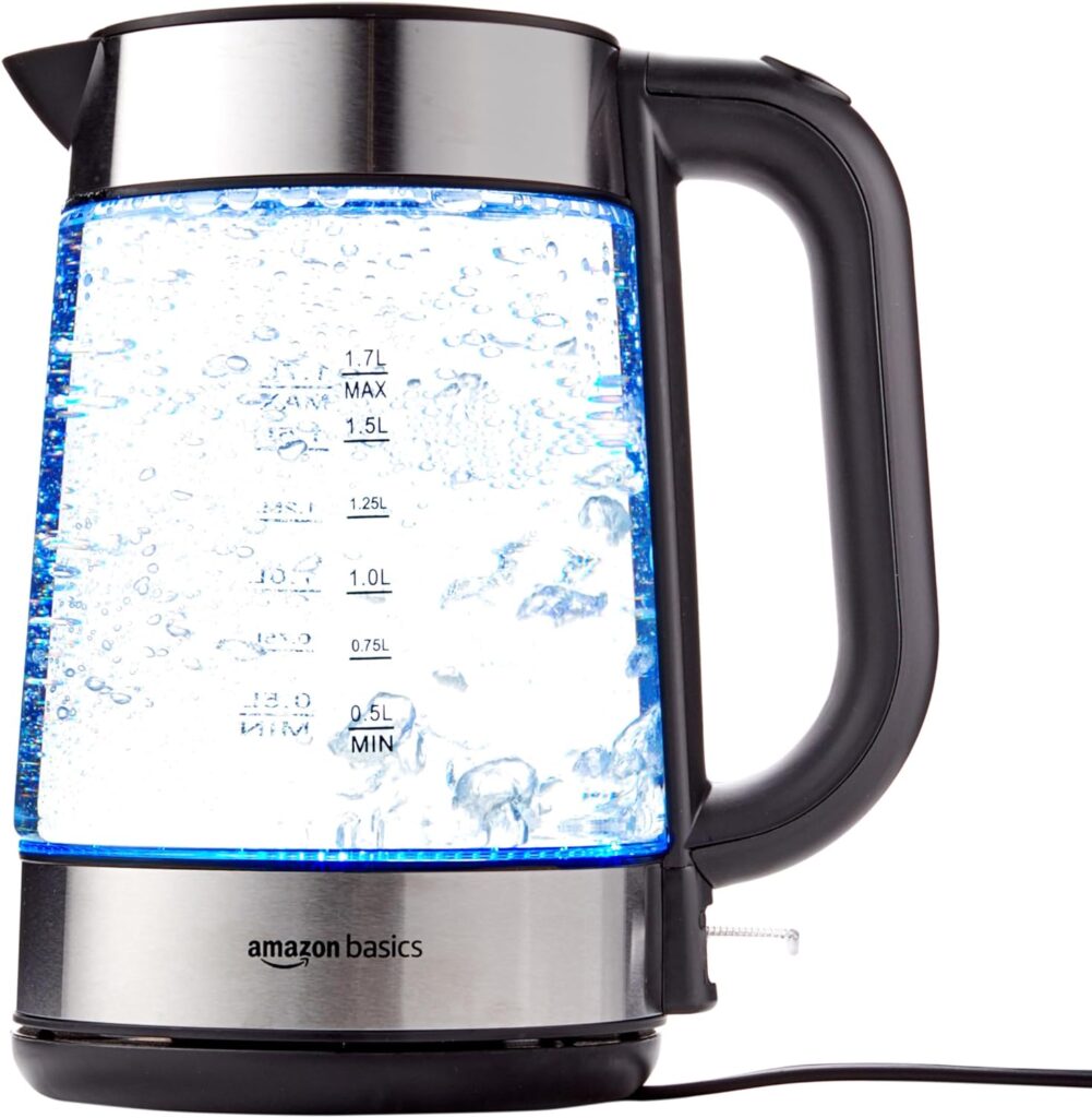 Amazon Basics Electric Glass and Steel Hot Tea Water Kettle, 1.7-Liter, Black and Sliver