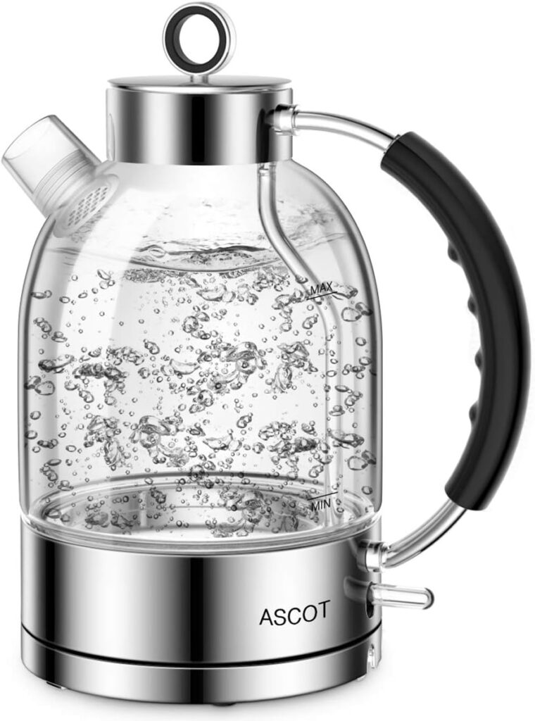 ASCOT Electric Kettle, Glass Electric Tea Kettle Gifts for Men/Women/Family 1.5L 1500W Borosilicate Glass Tea Heater, with Auto Shut-Off and Boil-Dry Protection (Silver)