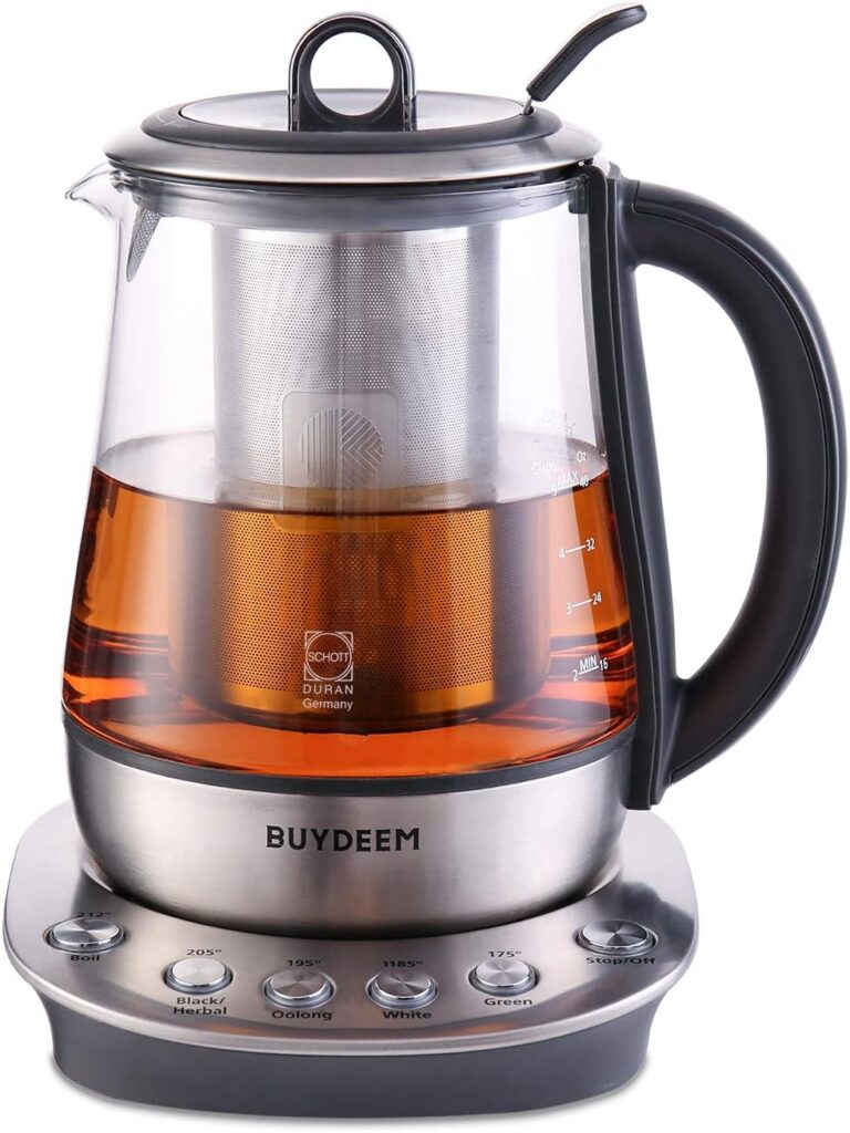 BUYDEEM K2423 Tea Maker, Durable 316 Stainless Steel  German Schott Glass Electric Kettle, Removable Infuser, Auto Keep Warm, BPA Free, 1.2L