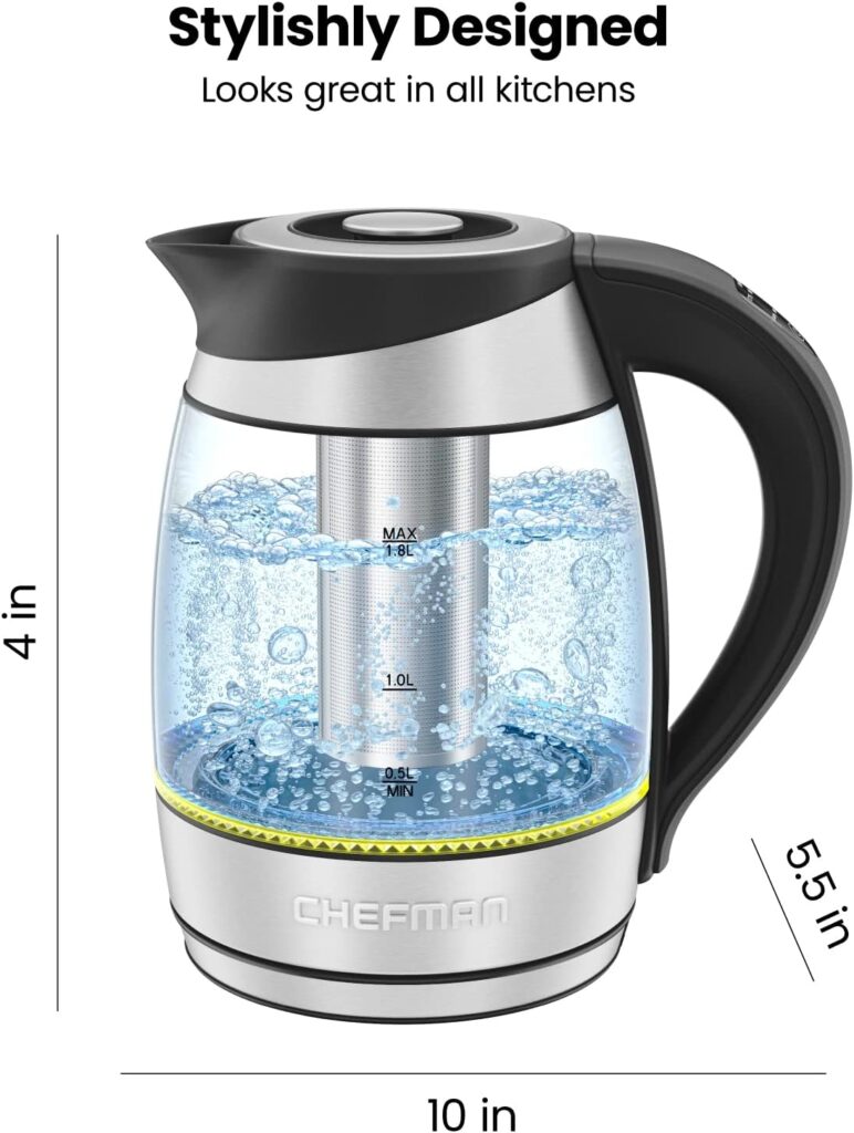 Chefman Electric Kettle with Temperature Control, 5 Presets LED Indicator Lights, Removable Tea Infuser, Glass Tea Kettle  Hot Water Boiler, 360° Swivel Base, BPA Free, Stainless Steel, 1.8 Liters