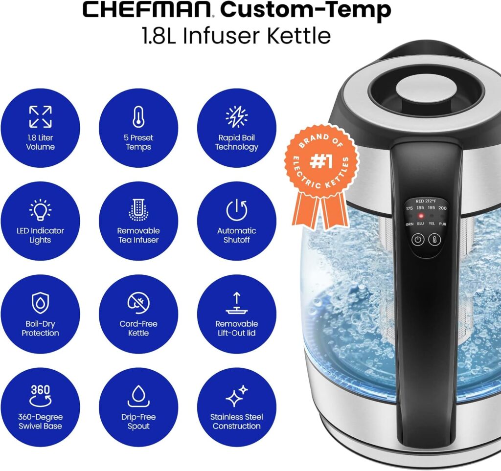 Chefman Electric Kettle with Temperature Control, 5 Presets LED Indicator Lights, Removable Tea Infuser, Glass Tea Kettle  Hot Water Boiler, 360° Swivel Base, BPA Free, Stainless Steel, 1.8 Liters