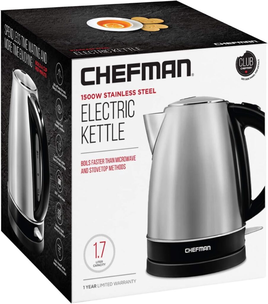 Chefman Stainless Steel Electric Kettle Quickly Heats Water, Separates from Base for Cordless Pouring, Auto Shut Off Boil Dry Protection, BPA-Free Interior  Cool-Touch Handle, 1.7 Liter/1.8 Quart