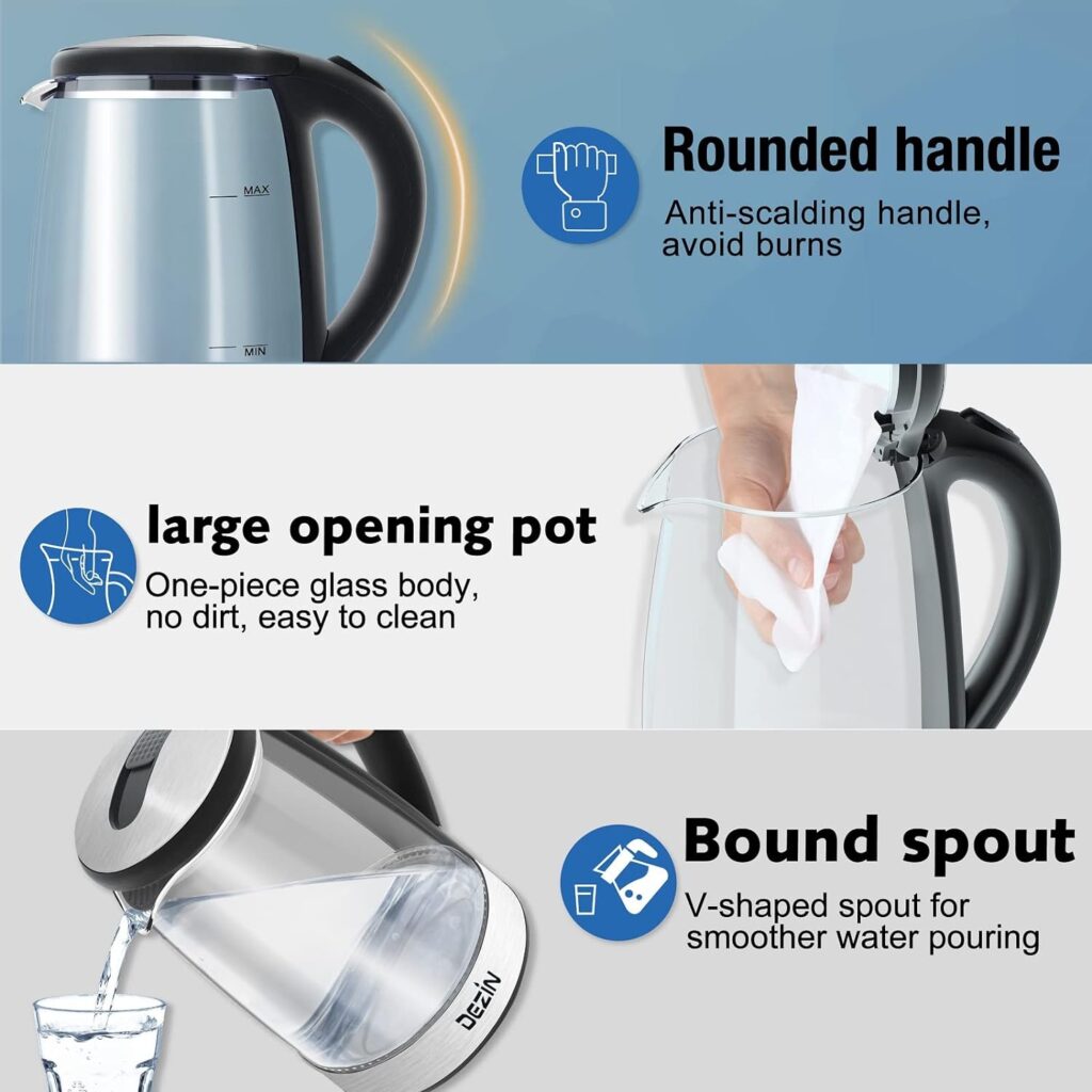 DEZIN Electric Kettle Upgraded, BPA Free 2L Stainless Steel Tea Kettle, Fast Boil Water Warmer with Auto Shut Off and Boil Dry Protection Tech for Coffee, Tea, Beverages