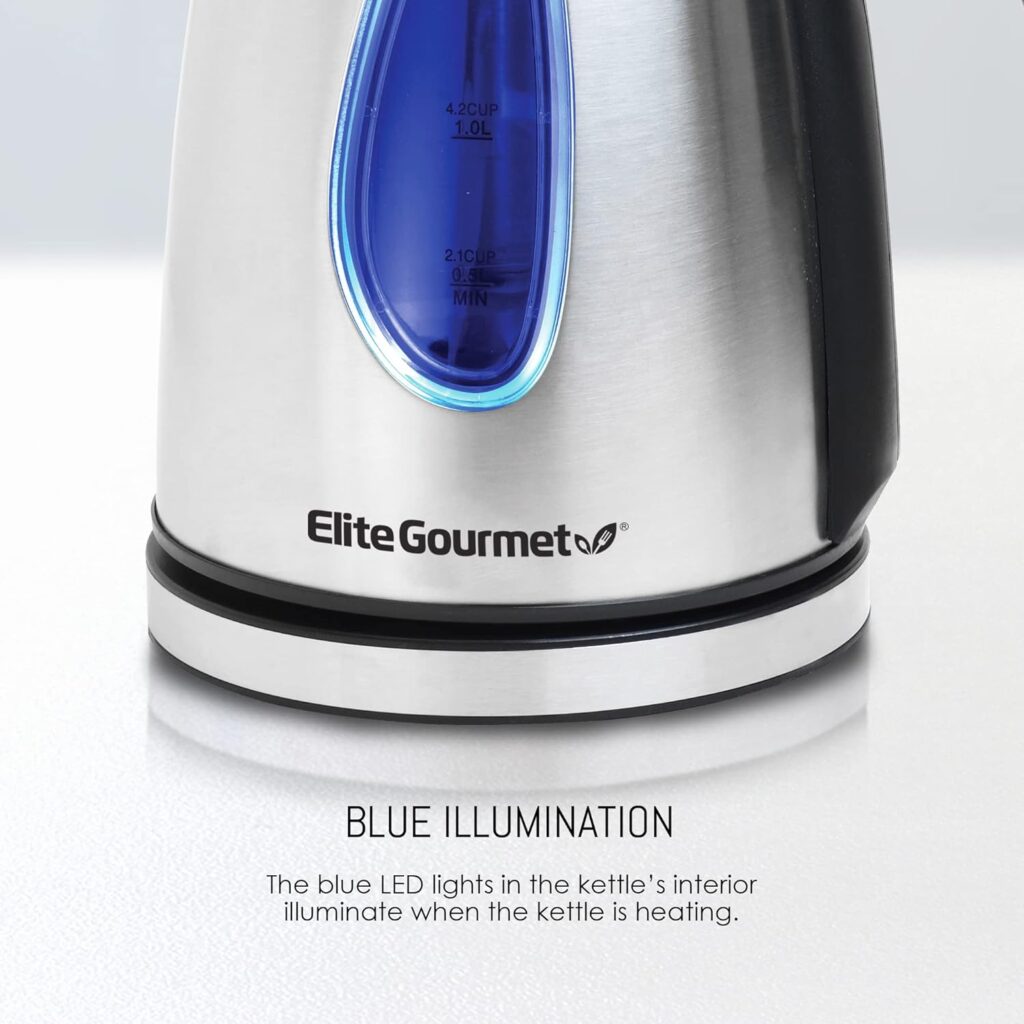 Elite Gourmet EKT-1271 Ultimate 1.7 Liter Electric Kettle – Stainless Steel Design  Cordless 360° Base, Stylish Blue LED Interior, Handy Auto Shut-Off Function – Quickly Boil Water For Tea  More