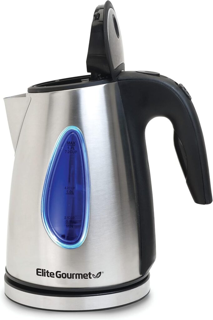 Elite Gourmet EKT-1271 Ultimate 1.7 Liter Electric Kettle – Stainless Steel Design  Cordless 360° Base, Stylish Blue LED Interior, Handy Auto Shut-Off Function – Quickly Boil Water For Tea  More