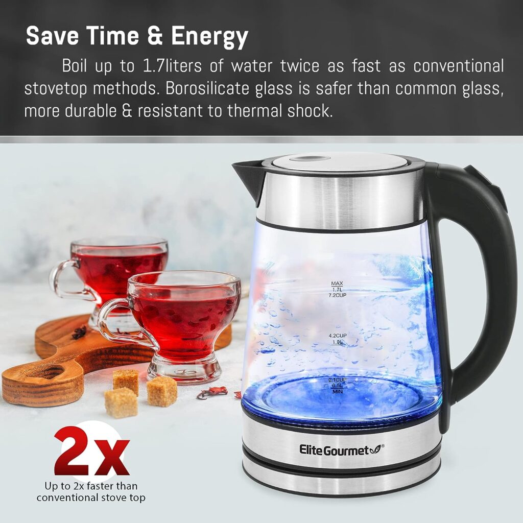 Elite Gourmet EKT-602 Electric 1.7L BPA Free Glass Kettle Cordless 360° Base, Stylish Blue LED Interior, Handy Auto Shut-Off Function – Quickly Boil Water For Tea  More, Stainless Steel