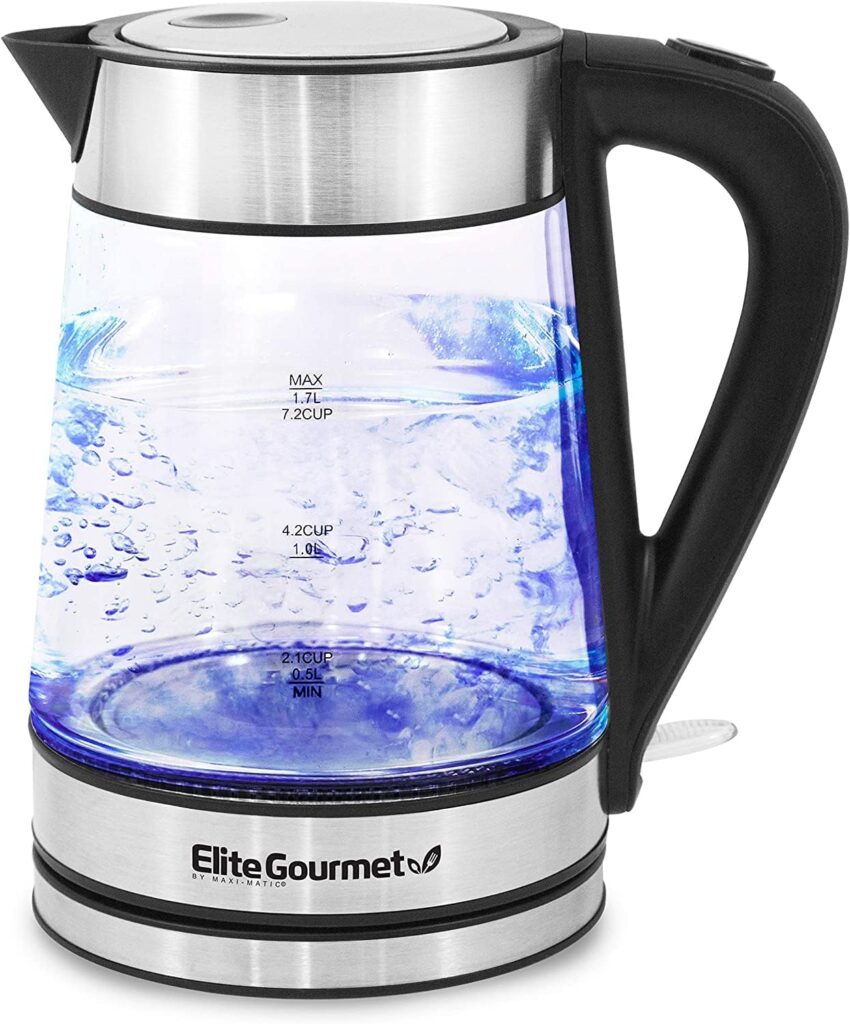 Elite Gourmet EKT-602 Electric 1.7L BPA Free Glass Kettle Cordless 360° Base, Stylish Blue LED Interior, Handy Auto Shut-Off Function – Quickly Boil Water For Tea  More, Stainless Steel