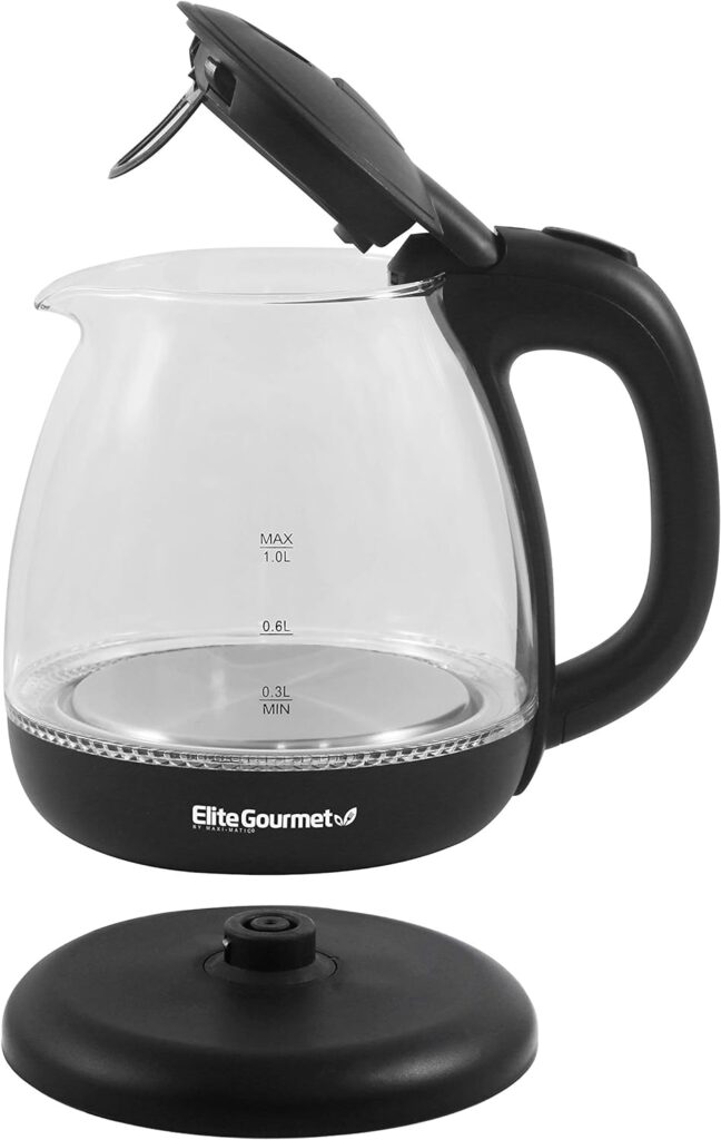 Elite Gourmet EKT1001B Electric BPA-Free Glass Kettle, Cordless 360° Base, Stylish Blue LED Interior, Handy Auto Shut-Off Function – Quickly Boil Water for Tea  More, 1L, Graphite Black