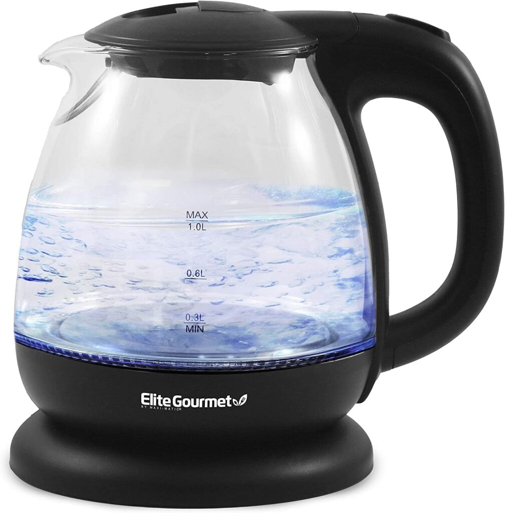 Elite Gourmet EKT1001B Electric BPA-Free Glass Kettle, Cordless 360° Base, Stylish Blue LED Interior, Handy Auto Shut-Off Function – Quickly Boil Water for Tea  More, 1L, Graphite Black