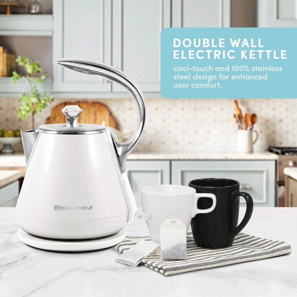 Elite Gourmet EKT1001B Electric BPA-Free Glass Kettle, Cordless 360° Base, Stylish Blue LED Interior, Handy Auto Shut-Off Function – Quickly Boil Water for Tea  More, 1L, Graphite Black