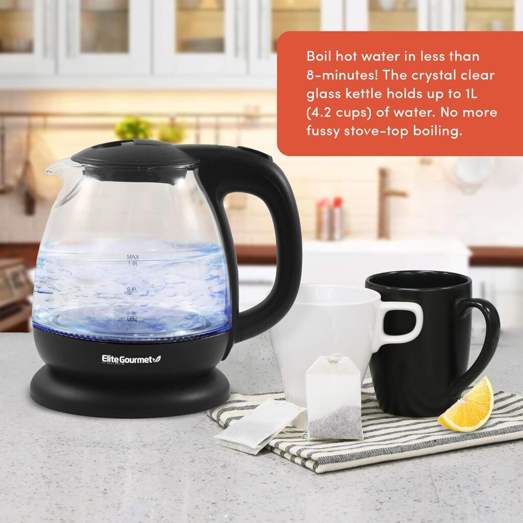 Elite Gourmet EKT1001B Electric BPA-Free Glass Kettle, Cordless 360° Base, Stylish Blue LED Interior, Handy Auto Shut-Off Function – Quickly Boil Water for Tea  More, 1L, Graphite Black