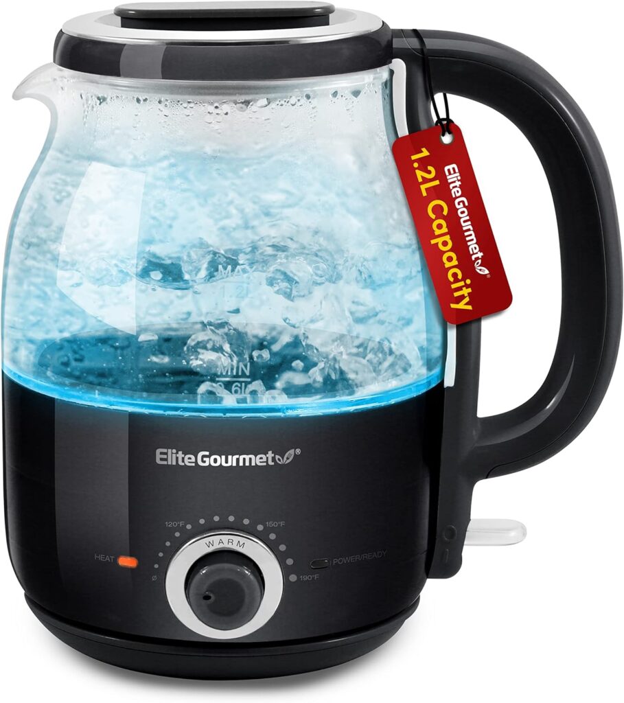 Elite Gourmet EKT1220M 1.2L Electric BPA-Free Glass Kettle, Temperature Dial, Keep Warm Function, Cordless 360° Base, Blue LED Interior, Auto Shut-Off Function – Quick Boil, Mint