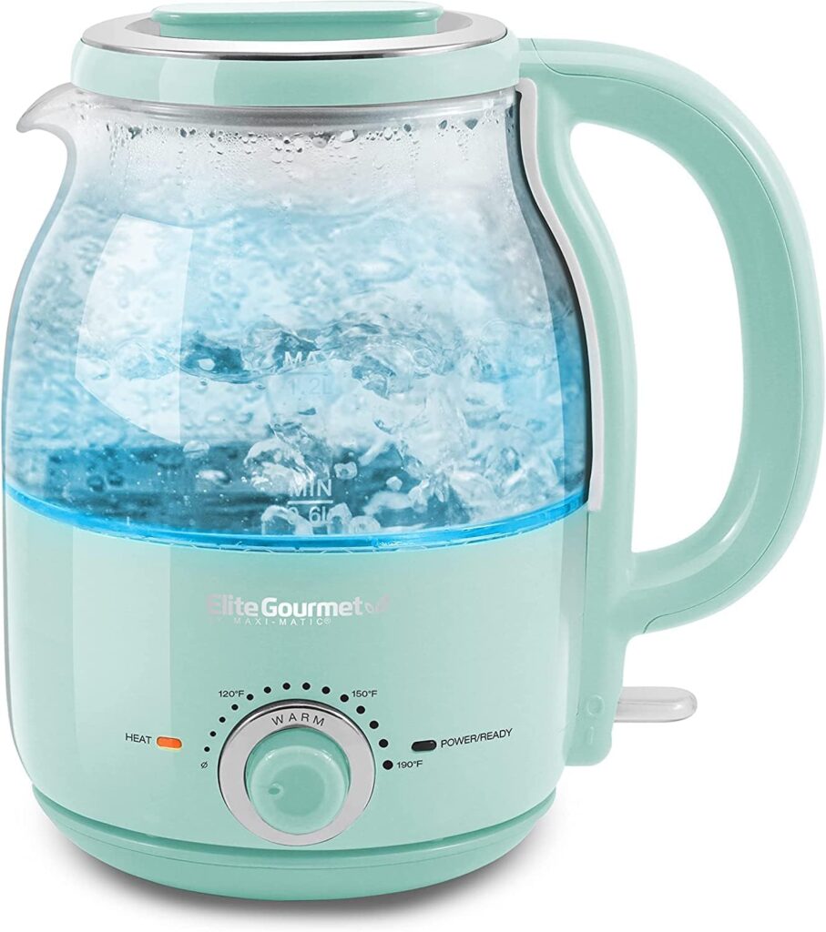 Elite Gourmet EKT1220M 1.2L Electric BPA-Free Glass Kettle, Temperature Dial, Keep Warm Function, Cordless 360° Base, Blue LED Interior, Auto Shut-Off Function – Quick Boil, Mint