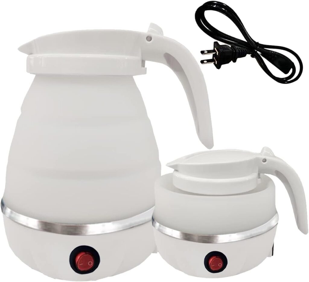 Foldable Portable Electric Kettle with Food Grade Silicone, 6 Mins Fast Water Boiling Tea Pot Coffee Pot for Camping or Travel, Collapsible Kettle with Separable Power Cord 110V US Plug 600ML White