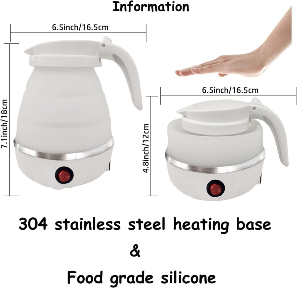 Foldable Portable Electric Kettle with Food Grade Silicone, 6 Mins Fast Water Boiling Tea Pot Coffee Pot for Camping or Travel, Collapsible Kettle with Separable Power Cord 110V US Plug 600ML White