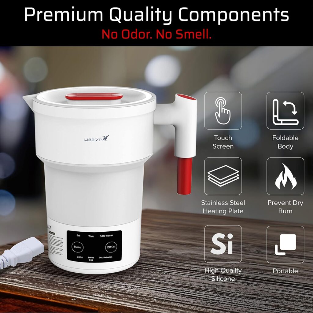 Liberty Premium Portable Travel Electric Kettle Foldable BPA-Free Silicone Collapsible, Temperature Display 6 Preset Functions, Auto Shut-Off, Bottle Warmer, Hot Water Boiler