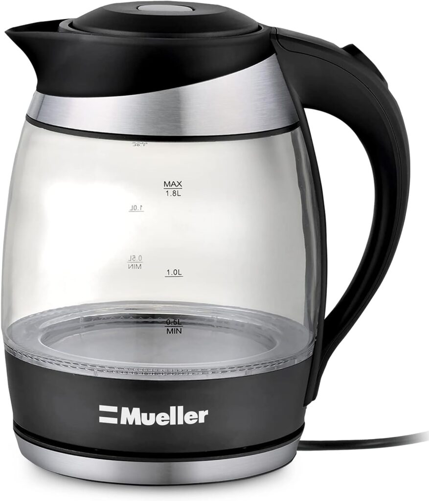 Mueller Austria Ultra Kettle: Model No. M99S 1500W Electric Kettle with SpeedBoil Tech, 1.8 Liter Cordless with LED Light, Borosilicate Glass, Auto Shut-Off and Boil-Dry Protection, Clear