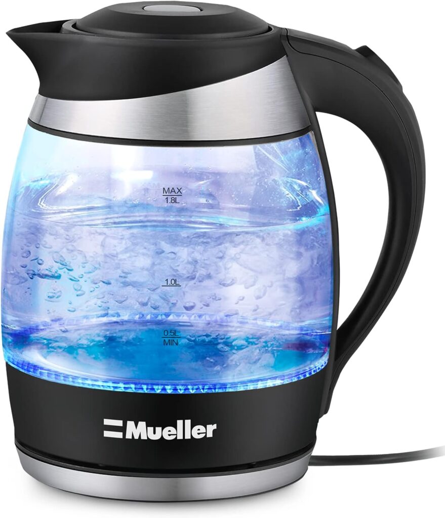 Mueller Austria Ultra Kettle: Model No. M99S 1500W Electric Kettle with SpeedBoil Tech, 1.8 Liter Cordless with LED Light, Borosilicate Glass, Auto Shut-Off and Boil-Dry Protection, Clear