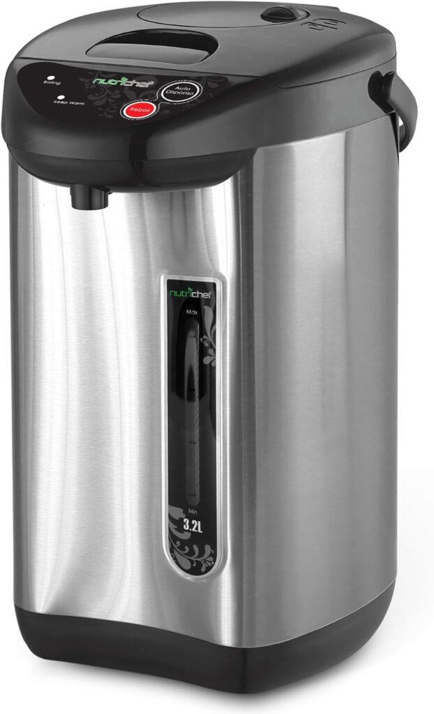 NutriChef Hot Water Urn Pot Insulated Stainless Steel,Auto  Manual Dispense,Auto Boiler,Safety Lock Shutoff 3.38 QT /3.2L - Auto Boiler Shut Off - PKWK43