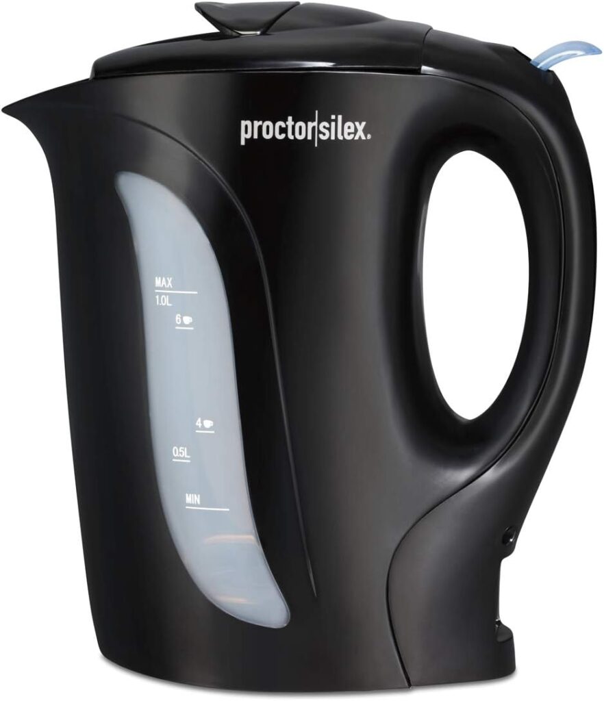 Proctor Silex Electric Tea Kettle, Water Boiler  Heater Auto-Shutoff  Boil-Dry Protection, 1000 Watts for Fast Boiling, 1 Liter, Black (K2071PS)