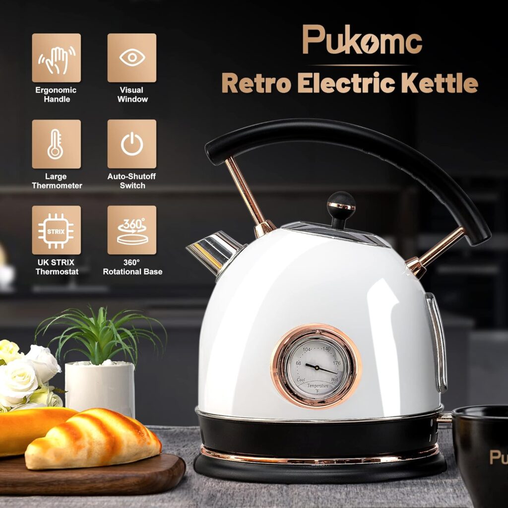 Pukomc 1.8L Electric Water Kettle with Temperature Gauge, Hot Water Boiler  Tea Heater with Curved Handle, Visible Water Level Line, Led Light, Auto Shut-OffBoil-Dry Protection,Green