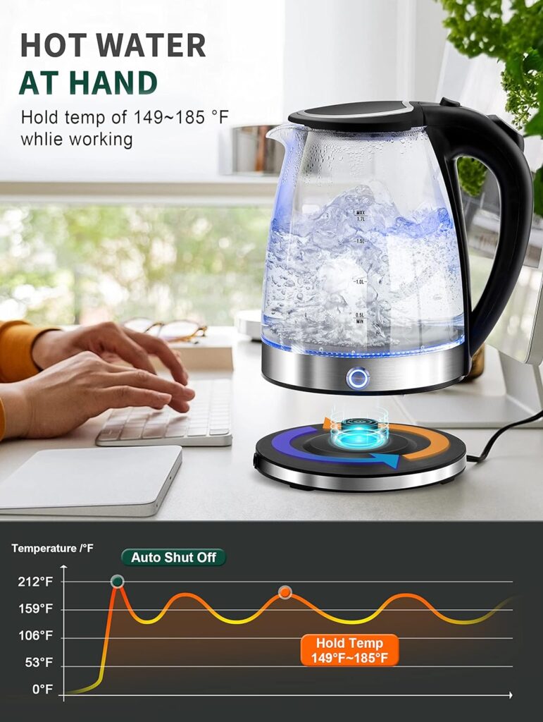 Pukomc Electric Kettle - 1.7L Hot Water Boiler - Glass Tea kettle with Wide Opening and Led Indicator, Auto Shut-Off and Boil-Dry Protection - Series 9460