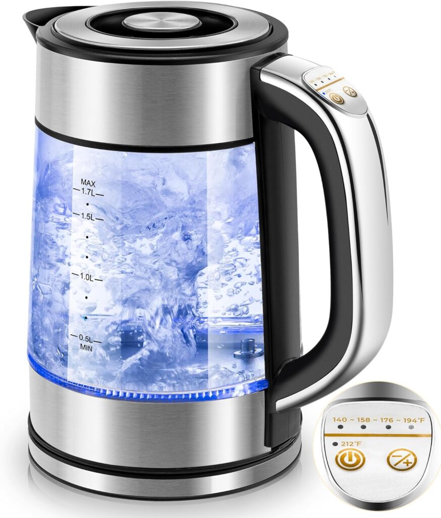 Pukomc Electric Kettle - 1.7L Hot Water Boiler - Glass Tea kettle with Wide Opening and Led Indicator, Auto Shut-Off and Boil-Dry Protection - Series 9460