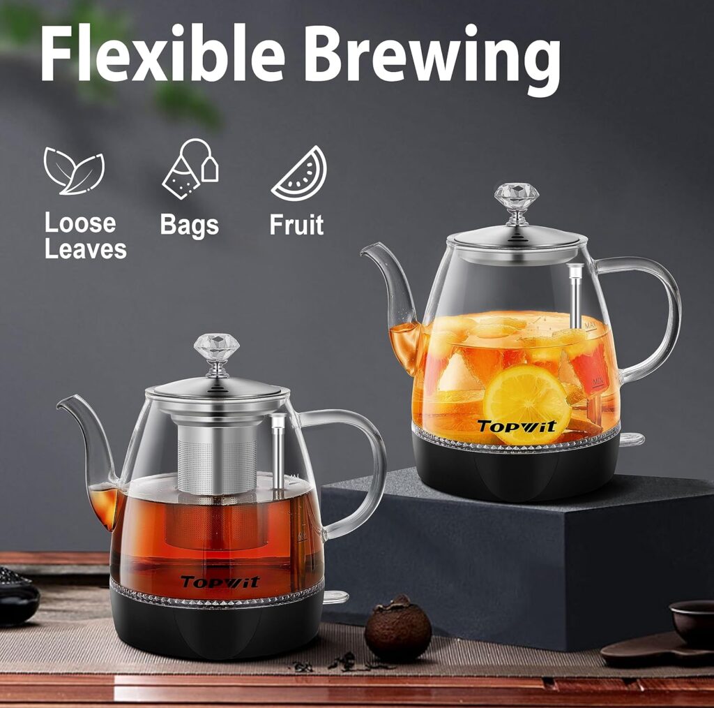 Topwit Electric Kettle Glass, For Hot Water, Tea and Coffee Dual Purpose Design, BPA-Free, 1L Pour Over Removable Stainless Steel Infuser, Auto-shut Off  Boil-dry Protect