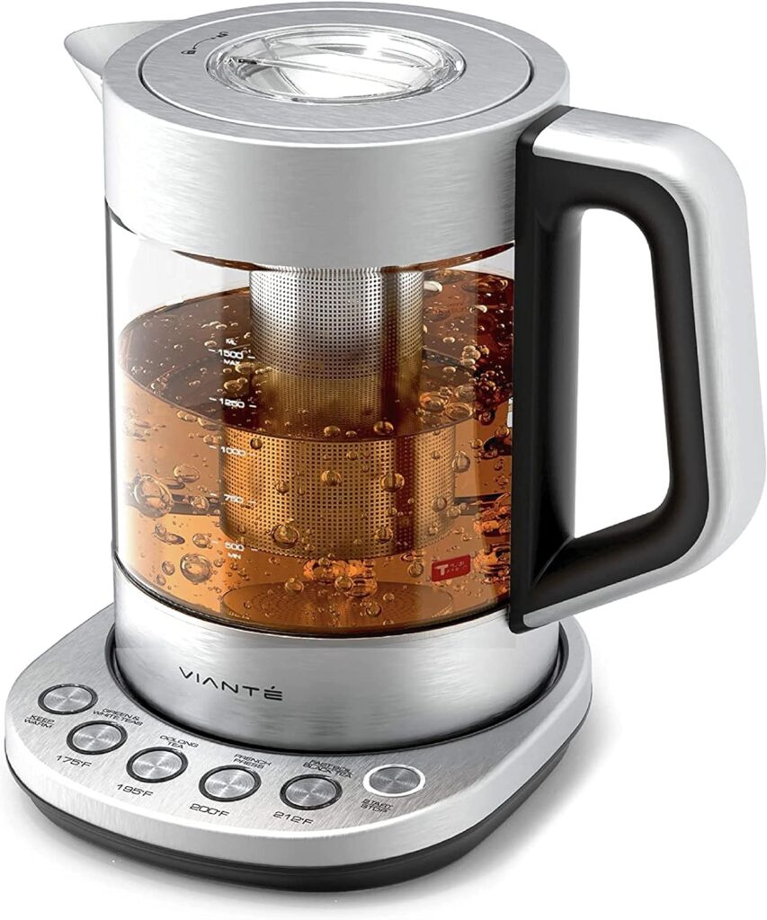 Vianté Hot Tea Maker Electric Glass Kettle with tea infuser and temperature control. Automatic Shut off. Brewing Programs for your favorite teas and Coffee.