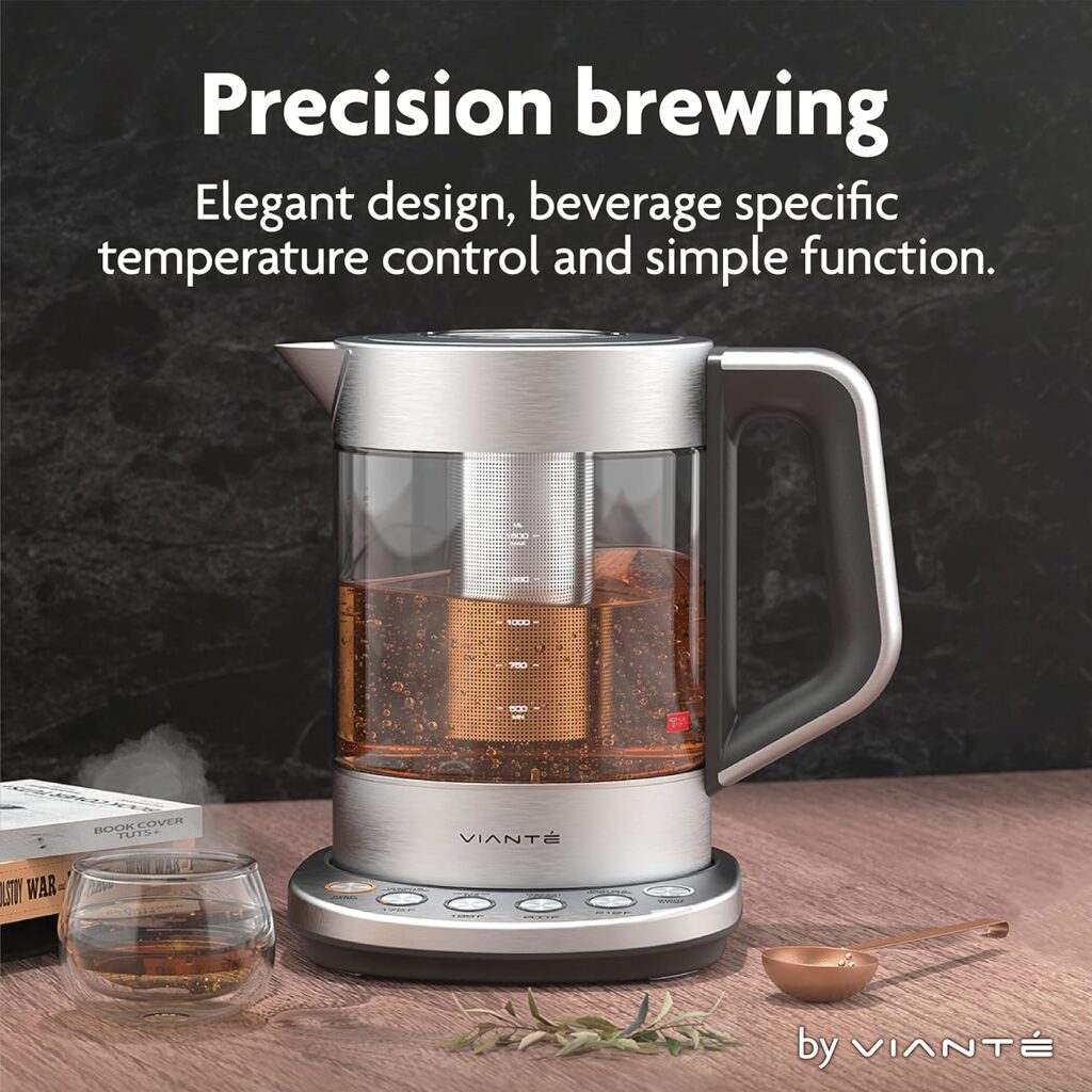 Vianté Hot Tea Maker Electric Glass Kettle with tea infuser and temperature control. Automatic Shut off. Brewing Programs for your favorite teas and Coffee.