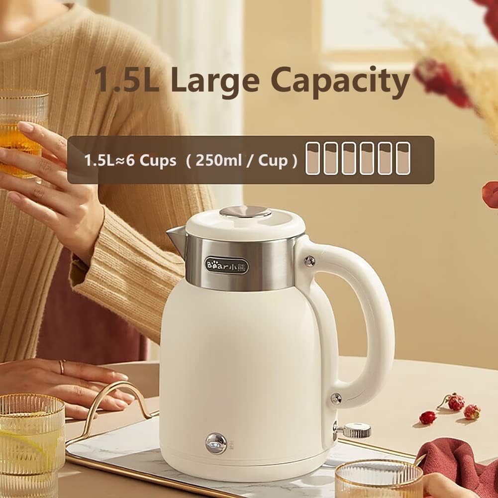 Bear ZDH-C15C1 Electric Kettle for Coffee  Tea, Stainless Steel Hot Water Boiler with Keep Warm Function, Auto Shut-Off, BPA Free, 1.5l, Ivory White