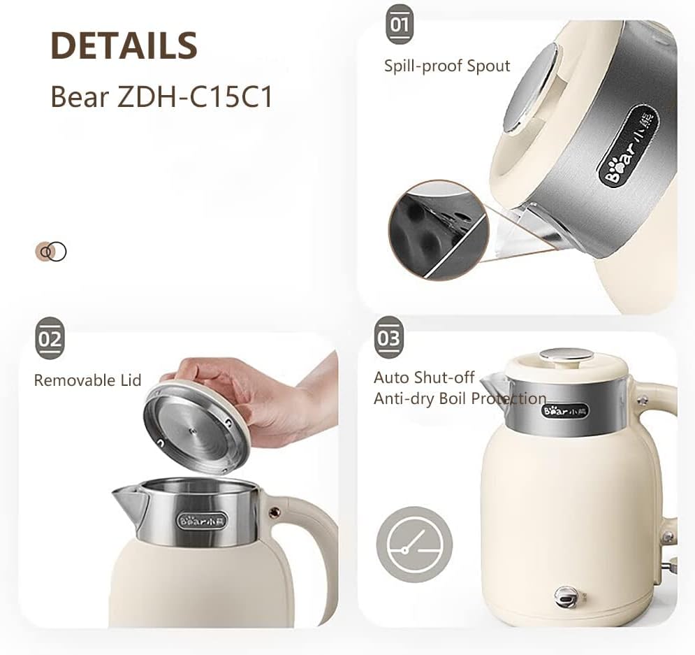 Bear ZDH-C15C1 Electric Kettle for Coffee  Tea, Stainless Steel Hot Water Boiler with Keep Warm Function, Auto Shut-Off, BPA Free, 1.5l, Ivory White