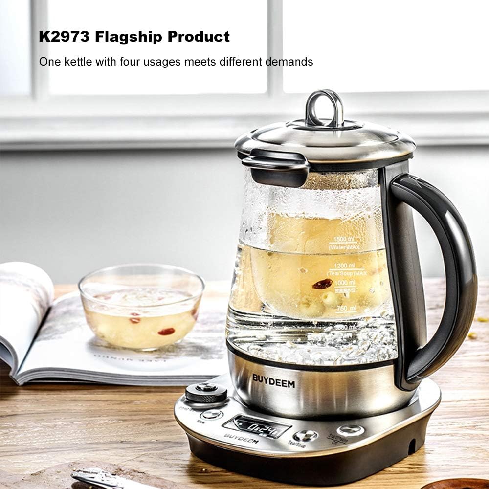 Buydeem K2973 Flagship Health- Care Beverage Tea Maker and Kettle, 8-in-1 Programmable Brew Cooker Master, 1.5L(0.396gal), Silvery