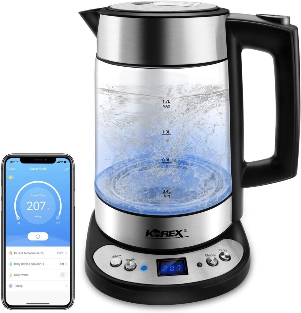 Korex Smart Electric Water Kettle Glass Heater Boiler Suitable for WIFI APP Alexa Google Home Assistant 1.7 L Great for Coffee Tea Milk With Overheat Protection Temperature Control