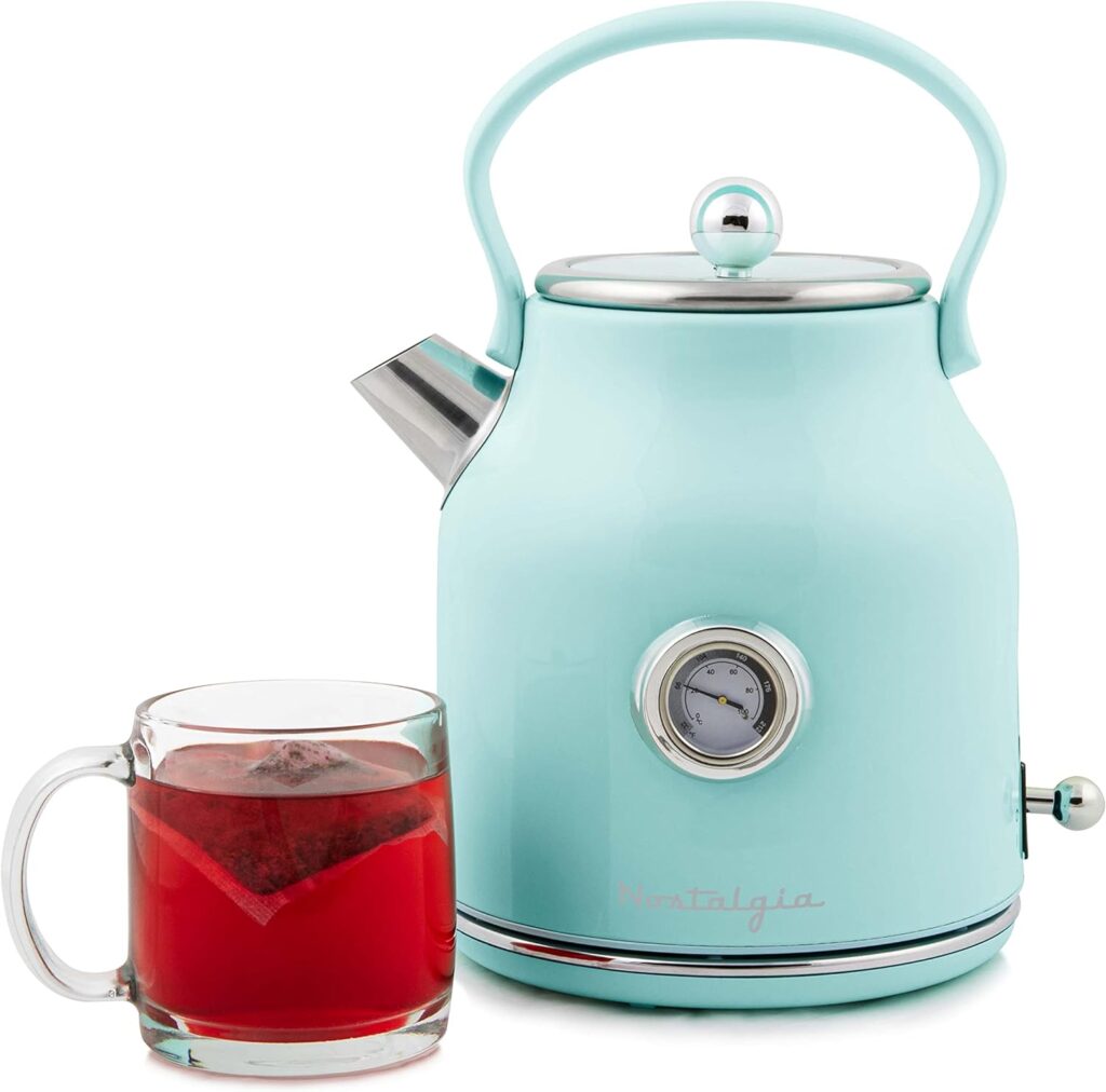 Nostalgia Retro Stainless Steel Electric Tea and Water Kettle, 1.7 Liters, Auto-Shut Off  Boil-Dry Protection, Water Level Indicator Window, Aqua