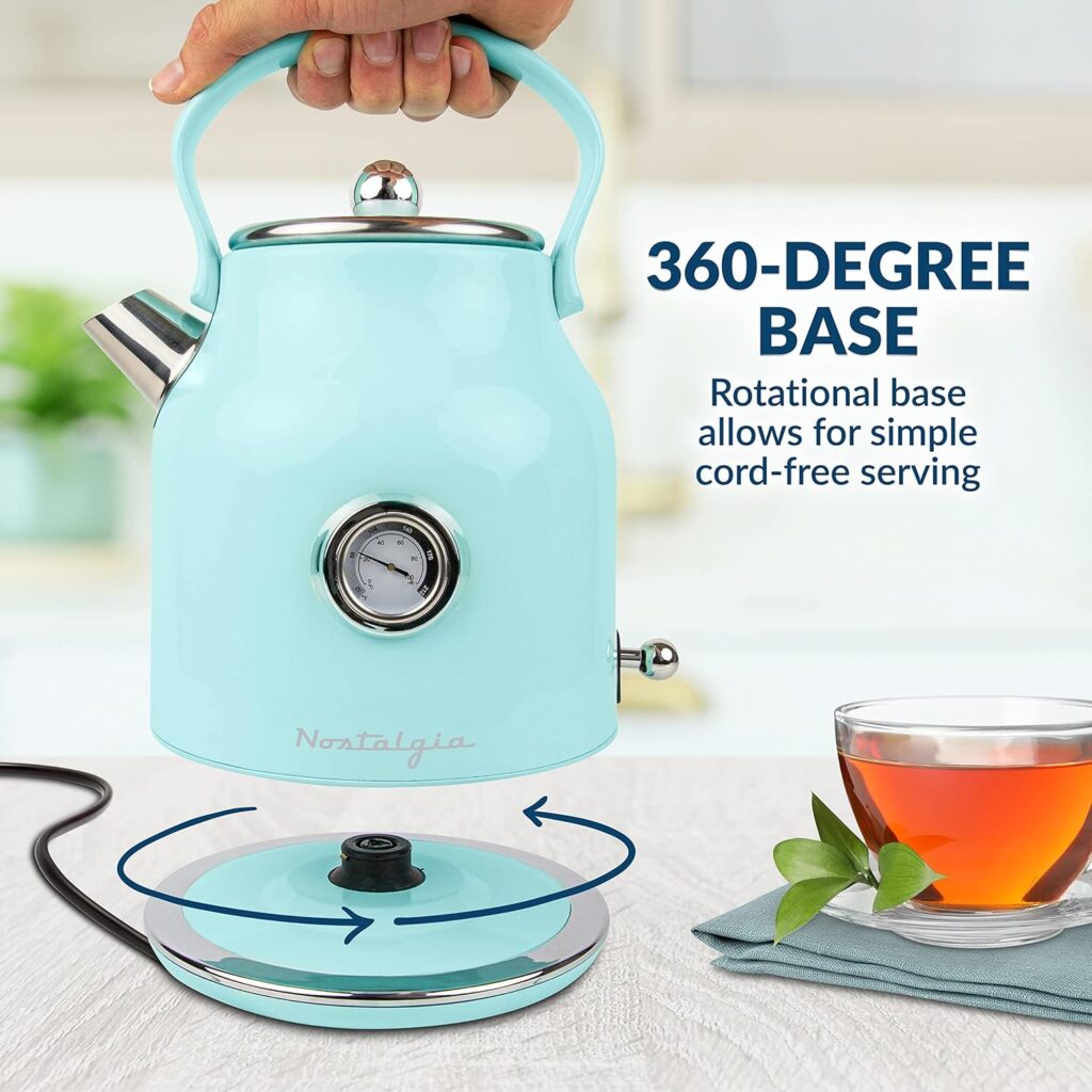 Nostalgia Retro Stainless Steel Electric Tea and Water Kettle, 1.7 Liters, Auto-Shut Off  Boil-Dry Protection, Water Level Indicator Window, Aqua