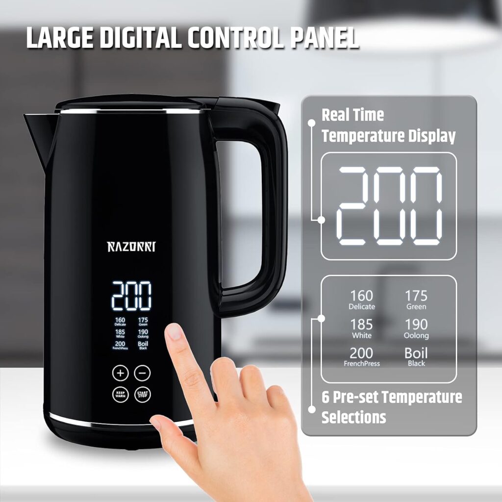 Razorri Electric Kettle 1-Click Control LED Digital Display, 1.7 Liter BPA-Free, Stainless Steel Double Insulated Wall, Boil Dry Protection, Keeps Warm for Tea Coffee, Cool to Touch, Cordless, Black