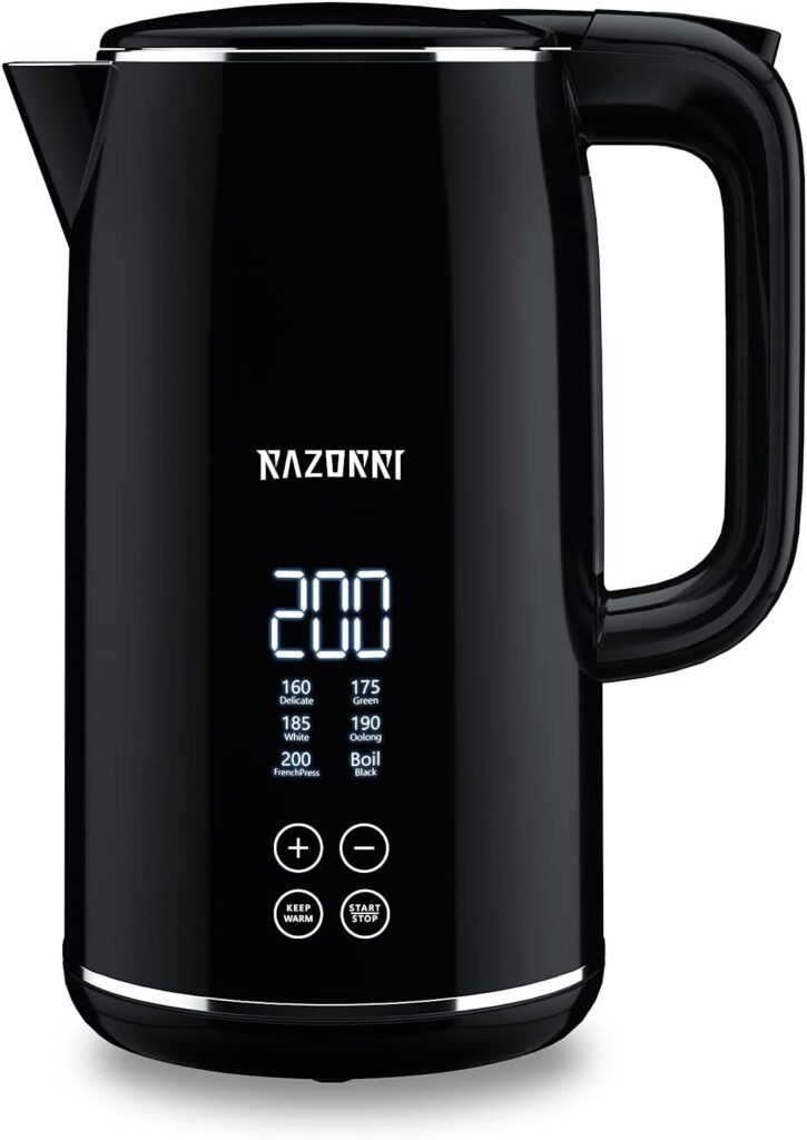 Razorri Electric Kettle 1-Click Control LED Digital Display, 1.7 Liter BPA-Free, Stainless Steel Double Insulated Wall, Boil Dry Protection, Keeps Warm for Tea Coffee, Cool to Touch, Cordless, Black