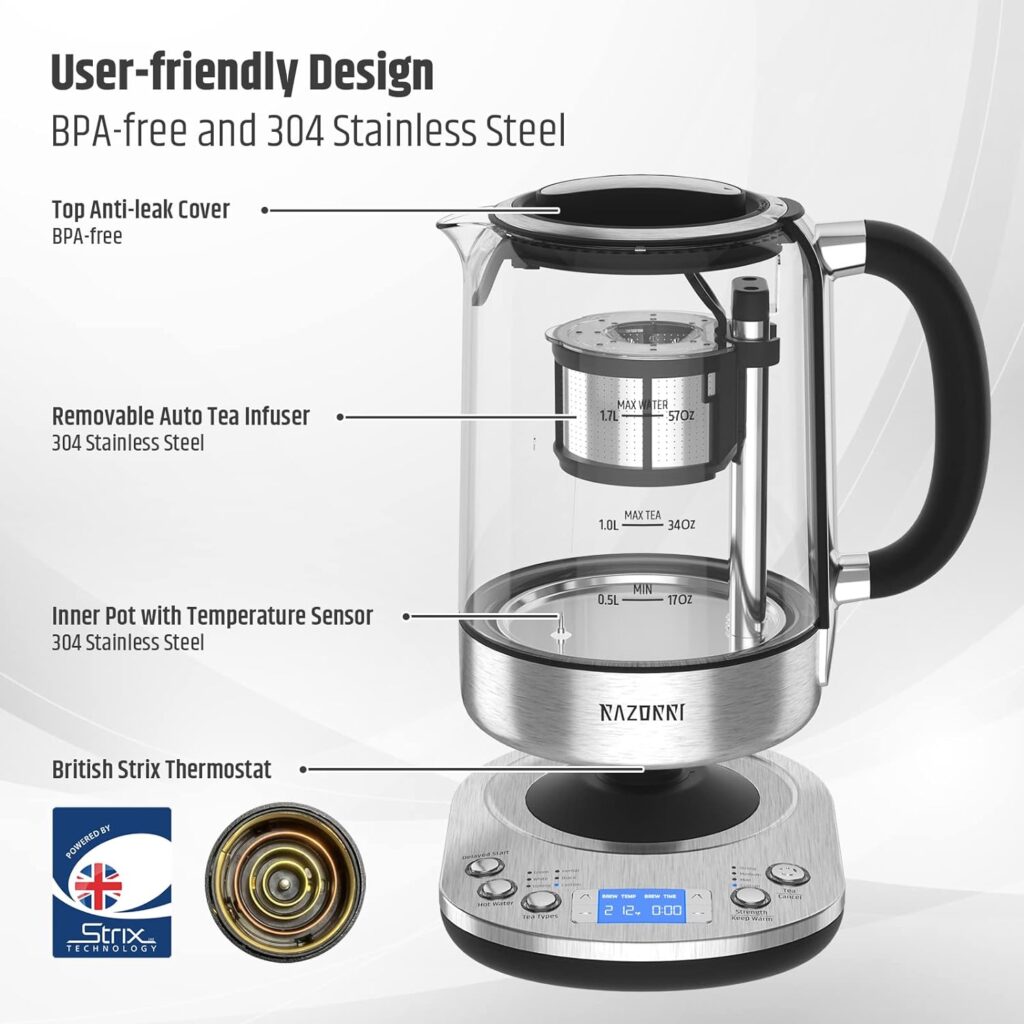 Razorri Electric Tea Maker 1.7L with Automatic Infuser for Tea Brewing, Stainless Steel Glass Kettle, Presets for 5 Tea Types and 3 Brew Strengths, 24 Hour Delayed Start, Keep Warm Setting