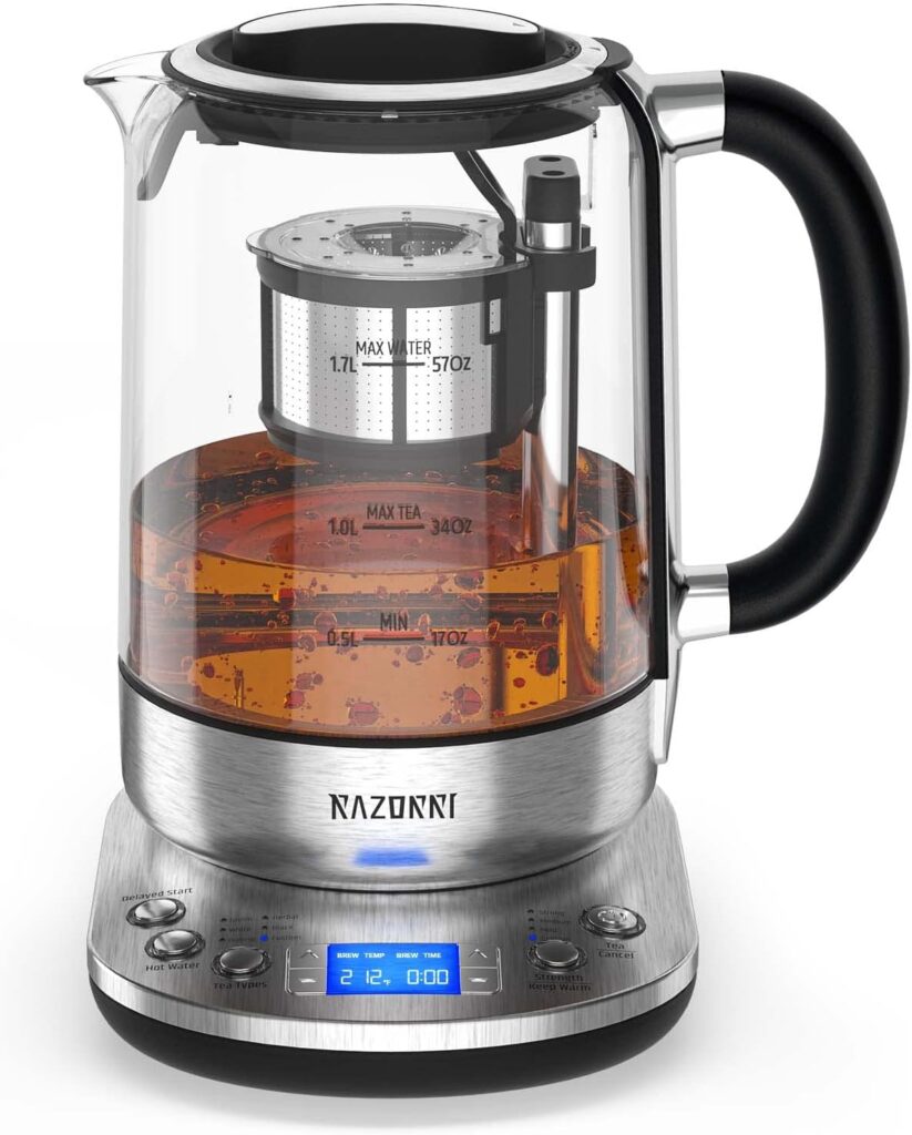 Razorri Electric Tea Maker 1.7L with Automatic Infuser for Tea Brewing, Stainless Steel Glass Kettle, Presets for 5 Tea Types and 3 Brew Strengths, 24 Hour Delayed Start, Keep Warm Setting