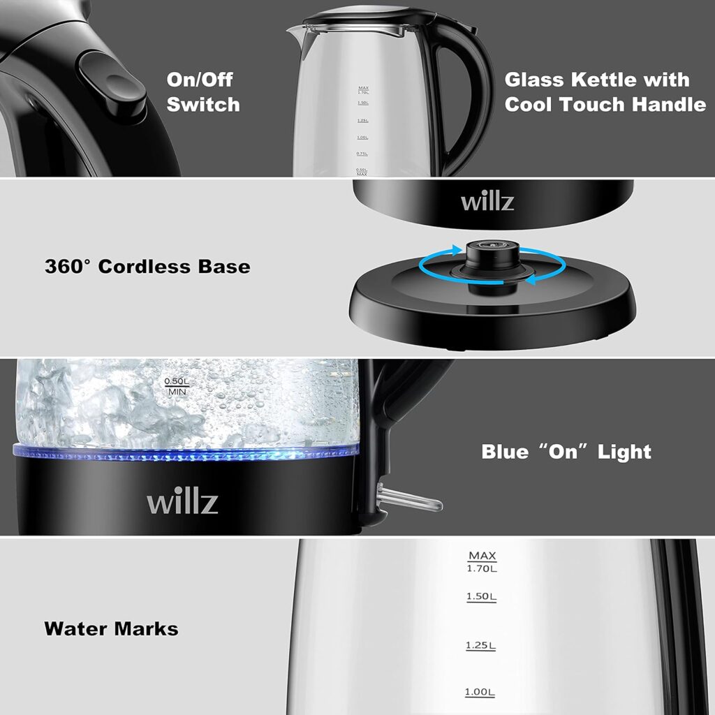 Willz Electric Glass Kettle with Heat Resistant Handle and Cordless Pour, Quick Boil  Auto Shut-Off Technology, Blue Boil Light, 1.7L, 1500 W, Black