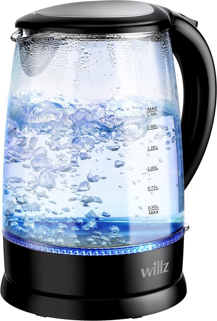 Willz Electric Glass Kettle with Heat Resistant Handle and Cordless Pour, Quick Boil  Auto Shut-Off Technology, Blue Boil Light, 1.7L, 1500 W, Black